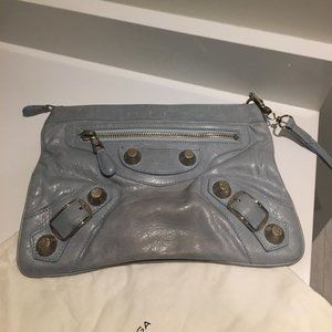 Balenciaga clutch in light blue with giant silver hardware